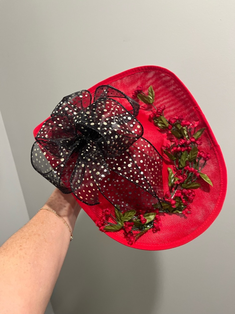 Custom Derby Red Floral Fascinator with Black Bow